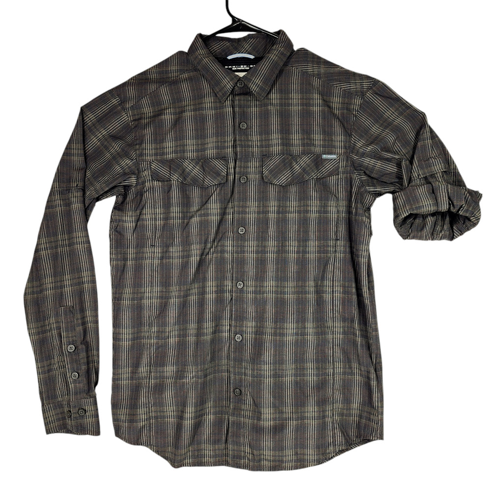 Columbia Men M Omnishade Button Up Shirt Nylon Brown Plaid Vents Roll Tab Sleeve